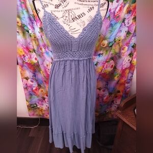 Bliss Denim Blue Crochet Midi Dress